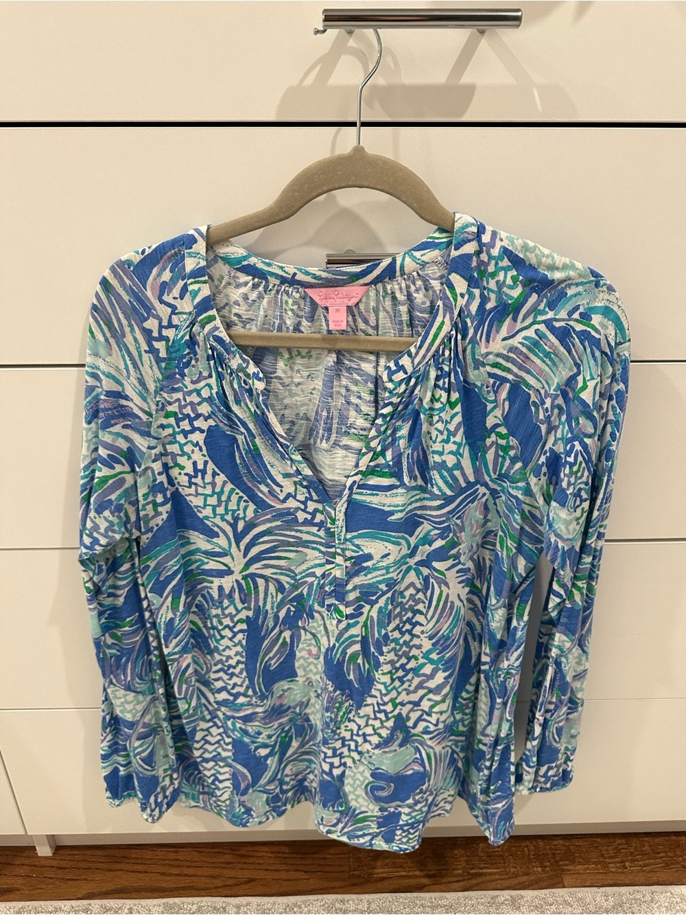 Lilly Pulitzer Blue & Green Tropical Print Long-Sleeve Top Size M